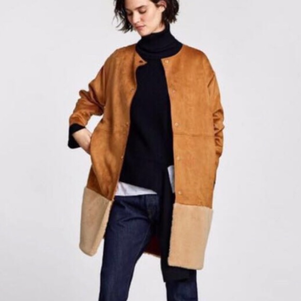 Zara Tan & Beige Faux Suede with Shearling-Trimmed Coat